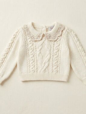 Tahari Baby Cream Cable Knit Sweater Peter Pan Collar Long Sleeve 12M